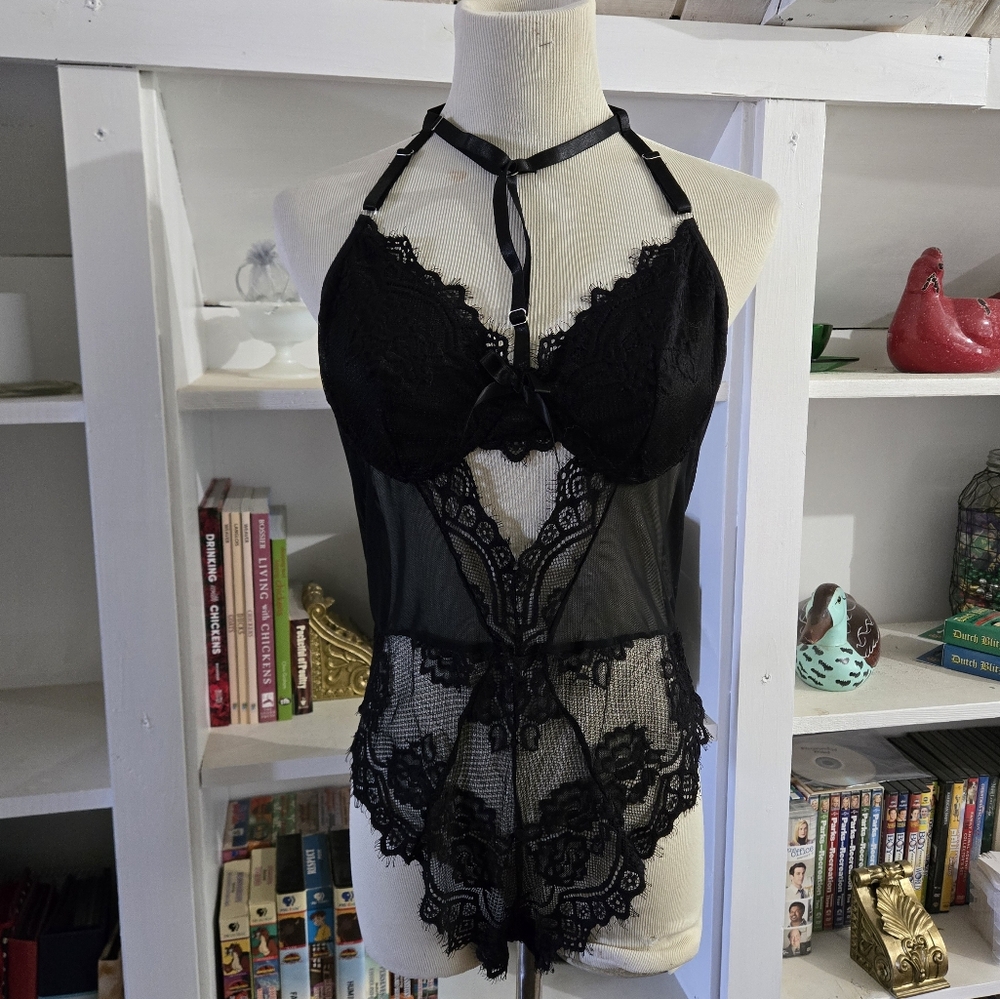 NWOT AvidLove Black Lace Sheer Sexy Bustier Cheeky Stretchy High Neck Size 14W